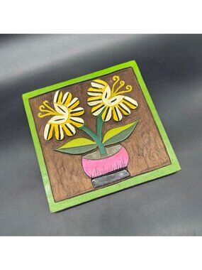 Vintage Floral Wall Hanging Flowers Mexican Folk Art Hand Carved Wooden 1970s
